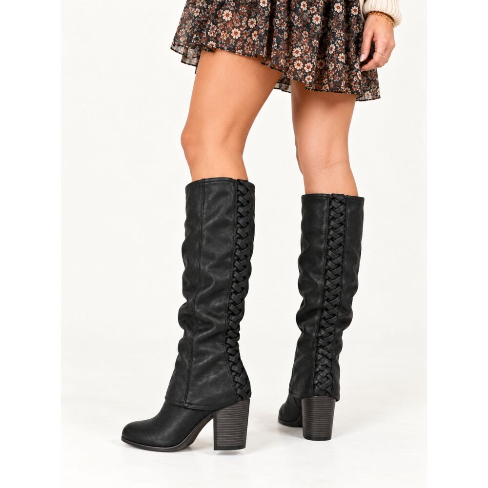 Fergalicious Tootsie Womens 9 Black Foldover Tall Boots Woven Block Heel Y2K